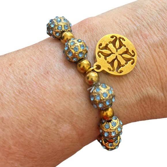 Rustic Cuff Shambala Beaded Aqua and gold Stretch Logo Bracelet - Picture 1 of 5